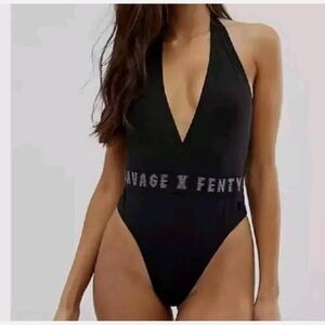 Savage X Fenty Black Logo Plunge Halter Bodysuit